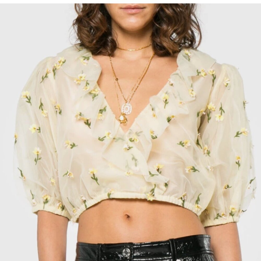 Ganni 3d  Bliss Cropped Embellished Tulle Top In Cream Size S/M